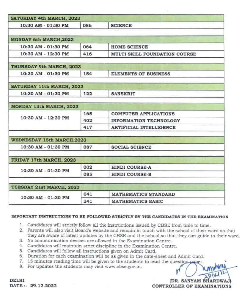 CBSE 10th Date Sheet 2023 - CBSE Class 10 Exam Date 2023 PDF Download